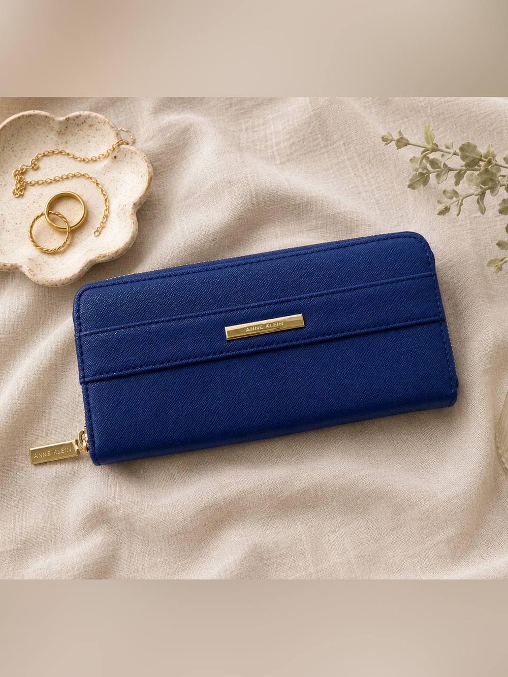 Anne Klein Blue Zip Around Wallet Gold Hardware Polka Dot Interior EUC - Picture 1 of 6